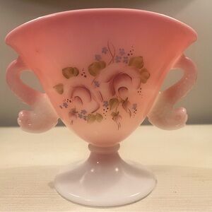 Vintage Fenton Glass Rosalene Handpainted Floral Vase Dolphin/Koi/Fish Handles